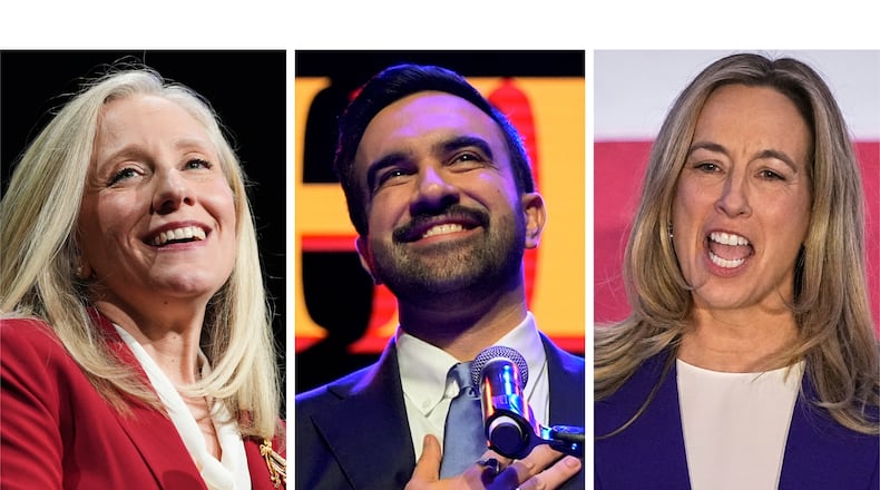 This combination of photos taken on Tuesday, Nov. 4, 2025, shows Abigail Spanberger in Richmond, Va., left, Zohran Mamdani in New York, center, and Mikie Sherrill in East Brunswick, N.J. (AP Photo/Stephanie Scarbrough, Yuki Iwamura and Matt Rourke)