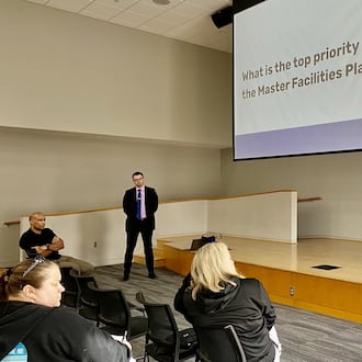Lakota Schools Superintendent Ashley Whitely writes down suggestions for facilities priorities solicited from audience members at a recent public forum at MidPointe Library. The meeting was the latest in a series of outreach programs to encourage public participation as Lakota officials create a new facilities plan. (Photo By Michael D. Clark/Journal-News)