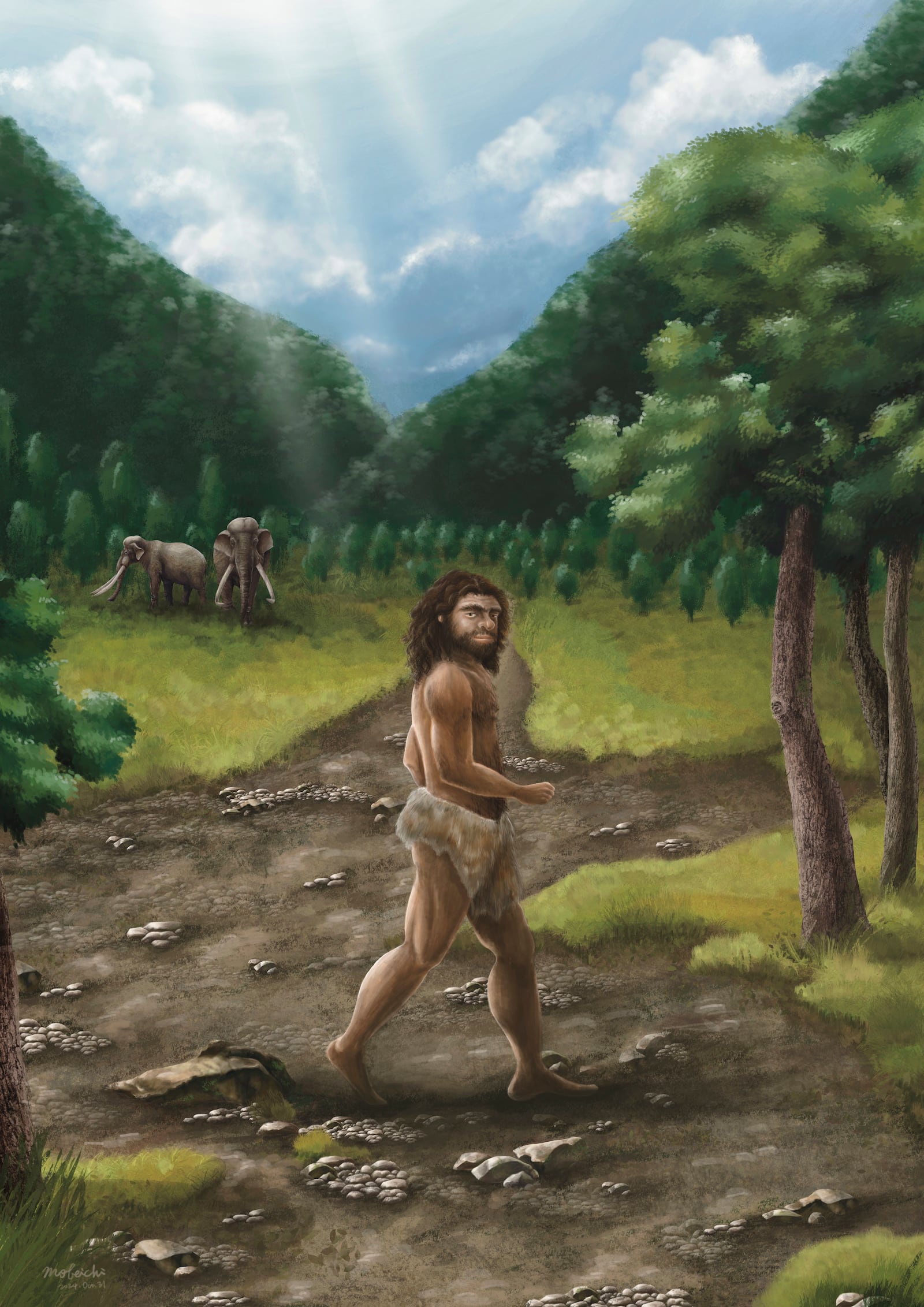 This illustration provided by researchers in April 2025 depicts a Denisovan male in Taiwan in the Pleistocene era about 2.6 million to 11,700 years ago. (Cheng-Han Sun via AP)