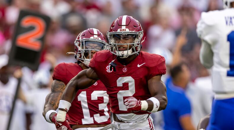 Alabama defensive back Caleb Downs (2) celebrates a stop against Middle Tennessee during the first half an NCAA college football game Saturday, Sept. 2, 2023, in Tuscaloosa, Ala. (AP Photo/Vasha Hunt)