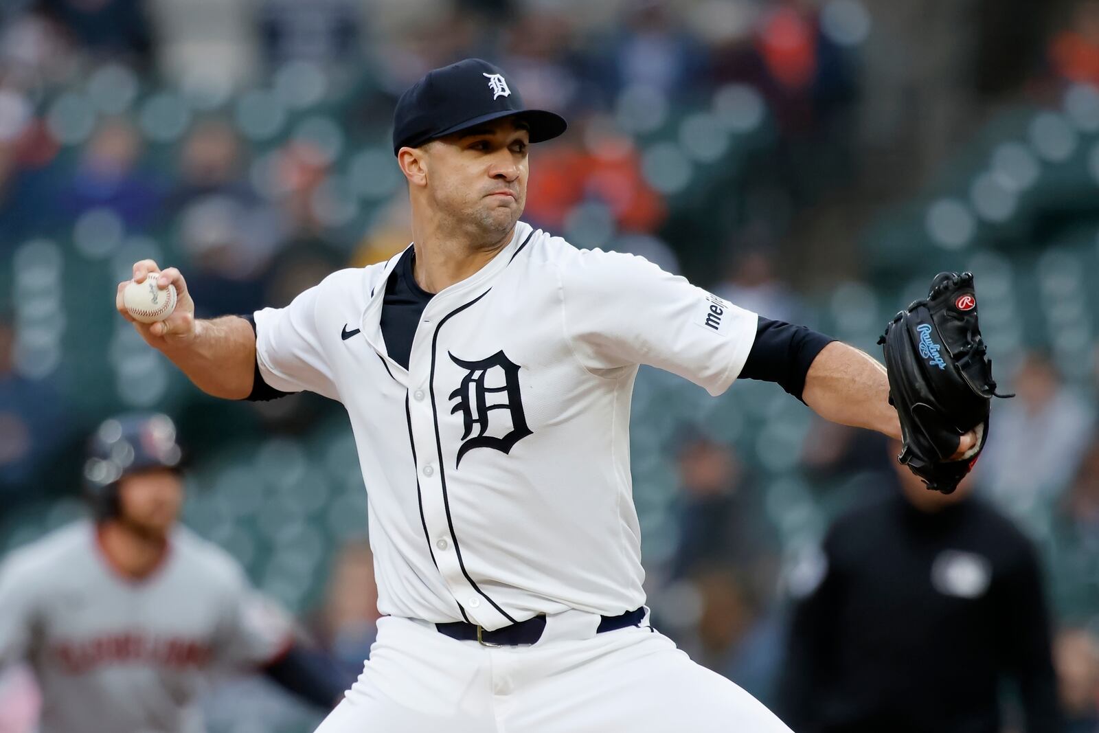 Detroit Tigers' Jack Flaherty pitches against the Cleveland Guardians during the second inning of a baseball game Thursday, May 22, 2025, in Detroit. (AP Photo/Duane Burleson)