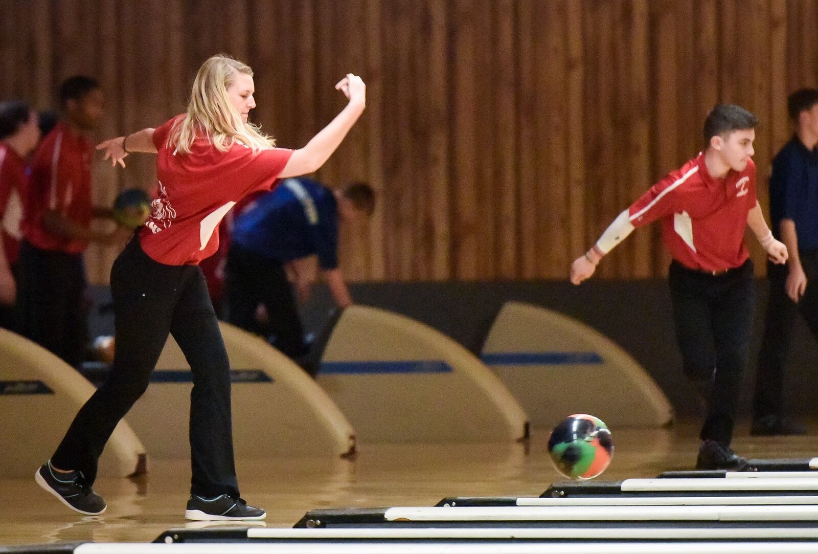 Fairfield’s Jenna Arthur sends the ball down the lane during Monday’s Greater Miami Conference bowling match against Hamilton at the Game of Fairfield. NICK GRAHAM/STAFF
