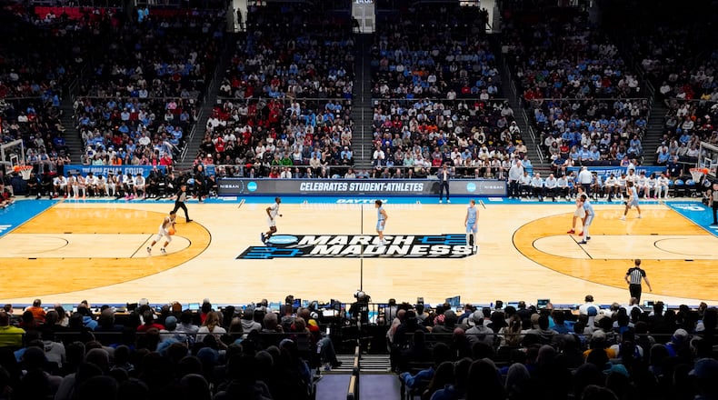 San Diego State guard Nick Boyd dribbles during the first half of a First Four college basketball game against North Carolina in the NCAA Tournament, Tuesday, March 18, 2025, in Dayton, Ohio. (AP Photo/Jeff Dean)