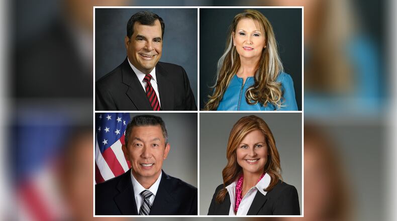 The Butler County Chamber Coalition will present a Senate forum on Thursday, Feb. 13, 2020, for the candidates for Ohio’s 4th Senate District. Candidates running include, from left clockwise, Rep. George Lang, R-West Chester Twp., Ohio Rep. Candice Keller, R-Middletown, Democratic candidate Kathy Wyenandt and West Chester Twp. Trustee Lee Wong. Keller will not attend the forum due to a scheduling conflict. PHOTOS PROVIDED