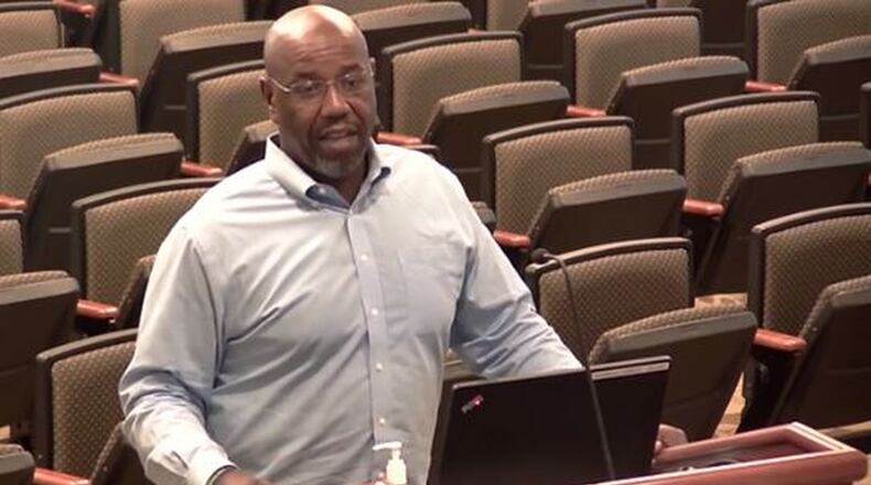 Craig Salmon-Gilmore outlines his proposals at Springboro City Council meeting in early July. CONTRIBUTED