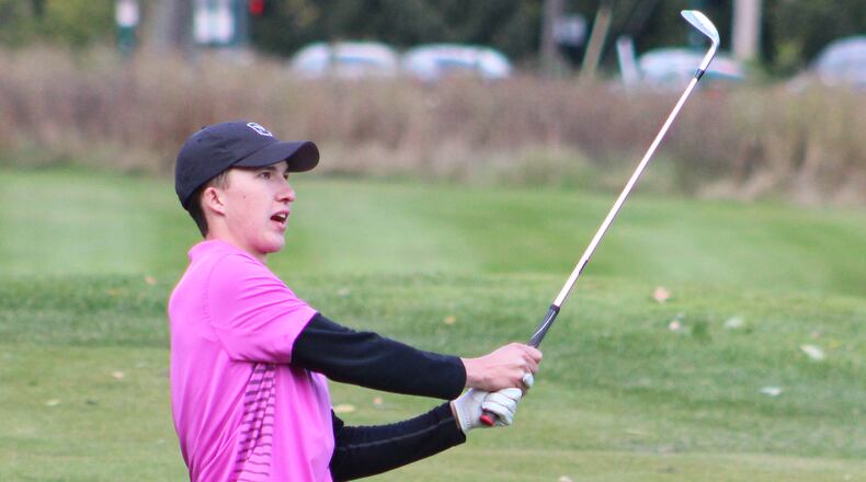 Lakota East senior Kyle Schmidt during the Division I state tournament Saturday at the Ohio State University Golf Club. Schmidt tied for ninth and the Thunderhawks tied for second. Jeff Gilbert/CONTRIBUTED