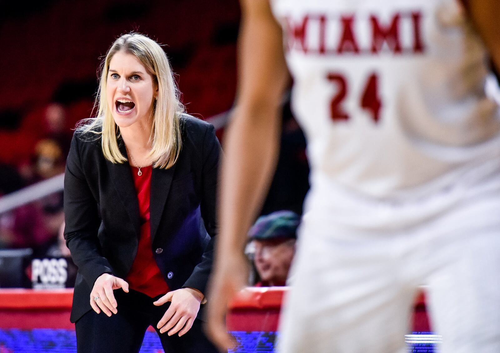 Miami University coach Megan Duffy instructs her team during Thursday night’s WNIT loss to Duquesne at Millett Hall in Oxford. NICK GRAHAM/STAFF