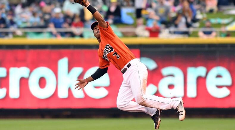 Dayton second baseman Jeter Downs makes a catch during Friday’s doubleheader at Fifth Third Field. Nick Falzerano/CONTRIBUTED