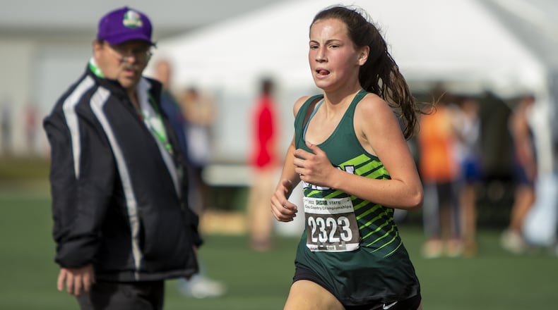 Badin sophomore Abby Mathews runs to an all-state finish at Saturday's Division II state cross country meet at Fortress Obetz. CONTRIBUTED/Jeff Gilbert