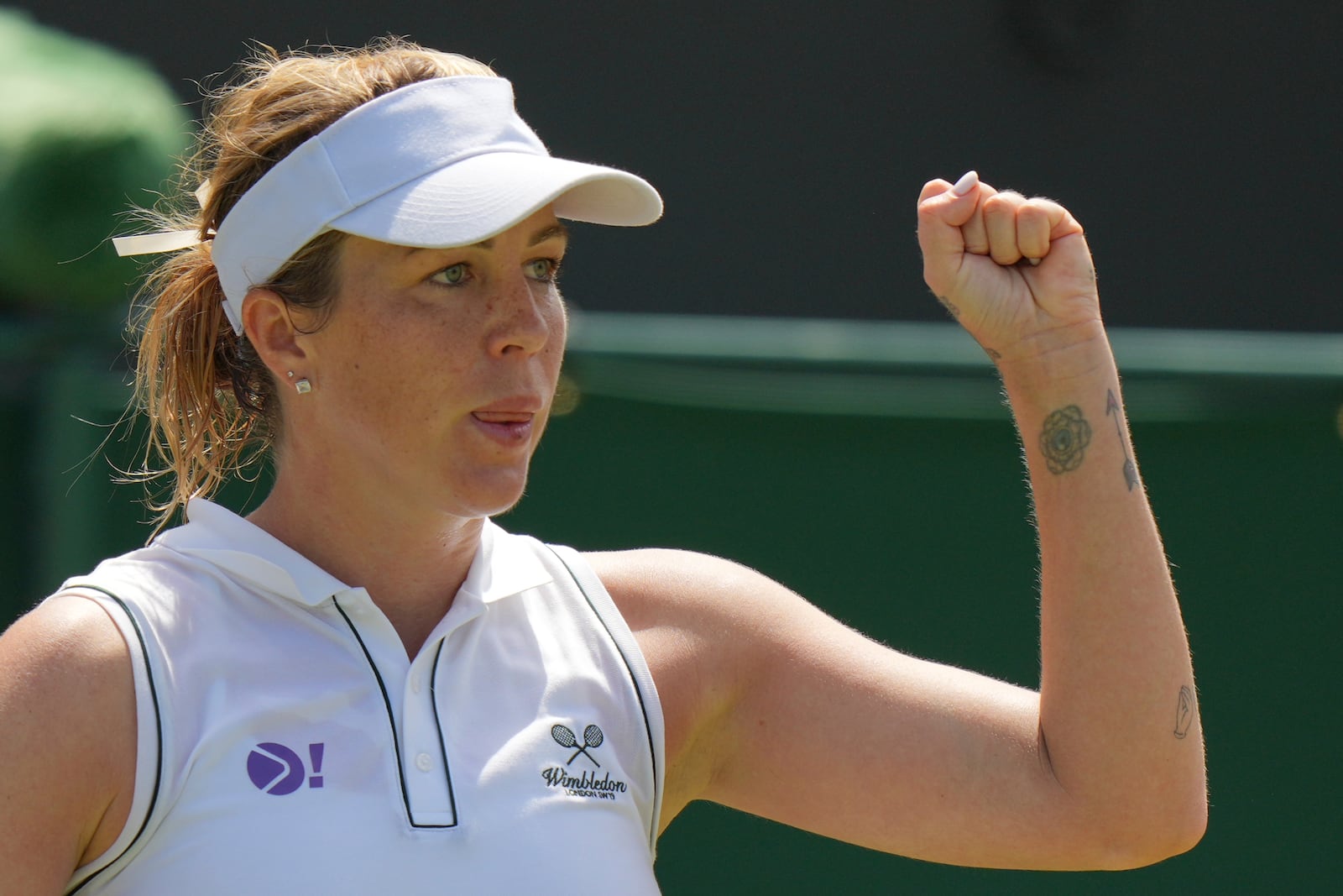 Russia's Anastasia Pavlyuchenkova reacts after beating Naomi Osaka of Japan during a third round women's singles match at the Wimbledon Tennis Championships in London, Friday, July 4, 2025.(AP Photo/Alastair Grant)
