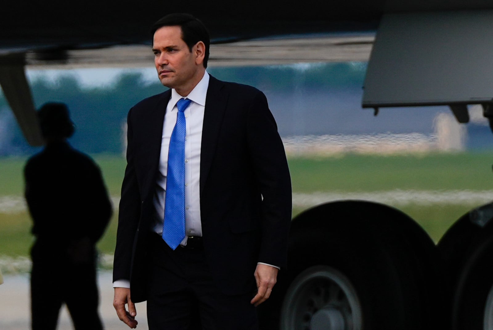 Secretary of State Marco Rubio arrives with President Donald Trump on Air Force One, Wednesday, June 25, 2025, at Joint Base Andrews, Md. (AP Photo/Julia Demaree Nikhinson)