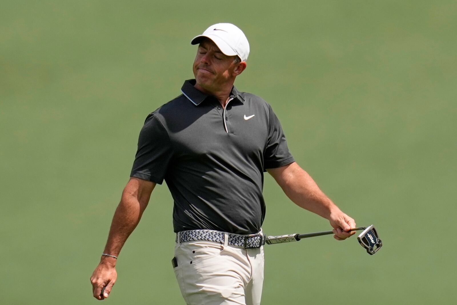 Rory McIlroy, of Northern Ireland, celebrates after a birdie on the 15th hole during the second round at the Masters golf tournament, Friday, April 11, 2025, in Augusta, Ga. (AP Photo/David J. Phillip)