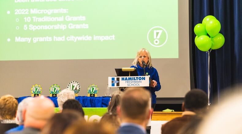 Peggy Bange, the city of Hamilton's liaison to the 17Strong Microgrant Committee, speaks at the Jan. 21, 2023, 17Strong Community Breakfast at the Hamilton Freshman School. PROVIDED