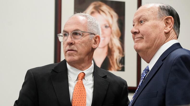 Defendants Michael Dowling and Chuck Jones wait for the start of their trial in Summit County Court of Common Pleas Judge Susan Baker Ross's courtroom on Tuesday, Feb. 3, 2026, in Akron, Ohio. (Mike Cardew/Akron Beacon Journal via AP, Pool)