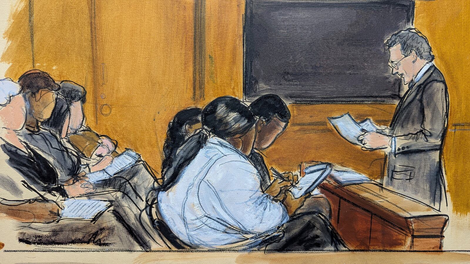 The jury in the Harvey Weinstein sexual misconduct case listens to a read back of testimony by a key witness, Monday, June 9, 2025, at Manhattan criminal court in New York. (Elizabeth Williams via AP)