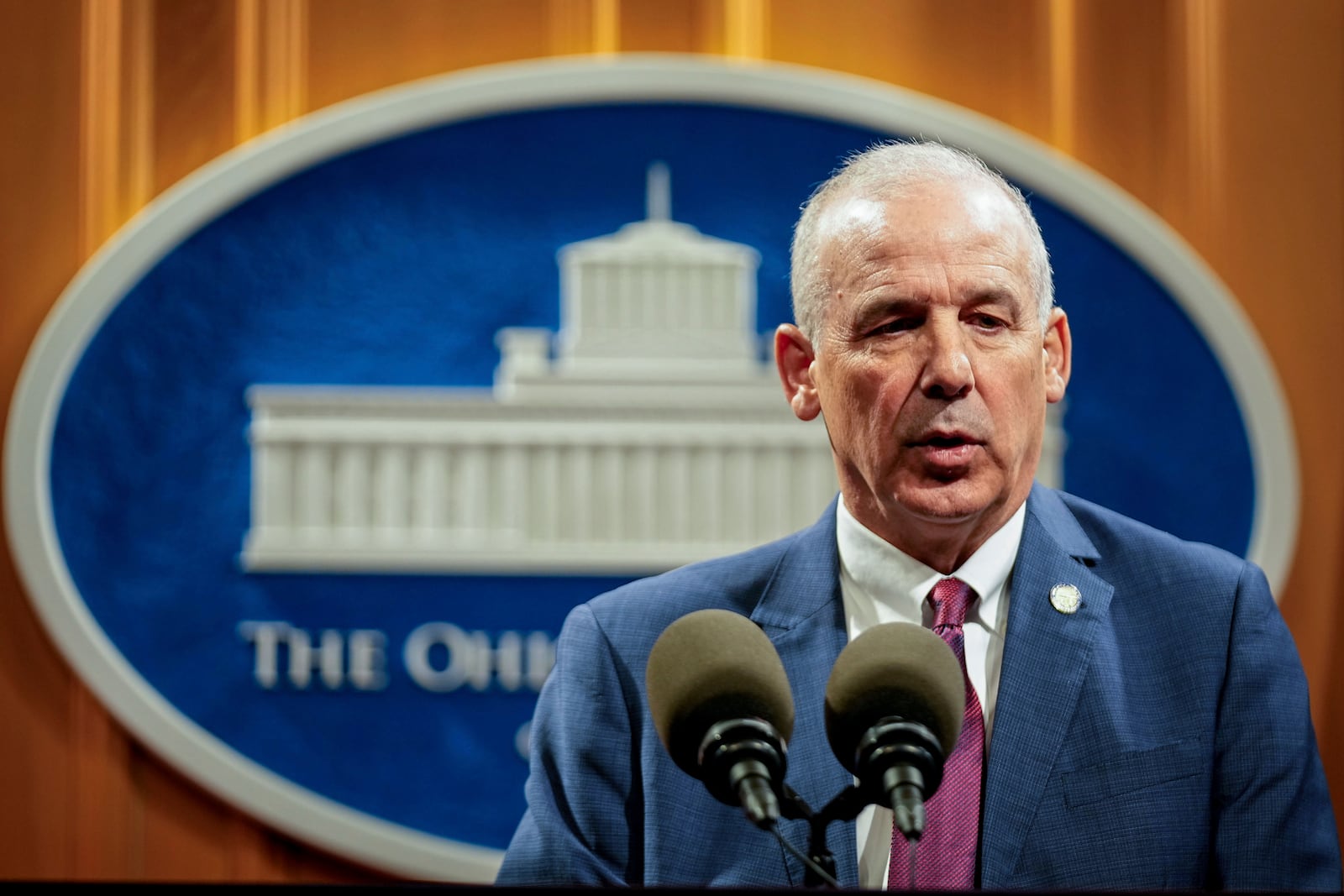 Speaker of the House Matt Huffman speaks to the media after the State of the State address by Ohio Gov. Mike DeWine in the Ohio House chambers at the Ohio Statehouse on Wednesday, March 12, 2025, in Columbus, Ohio. (Samantha Madar/The Columbus Dispatch via AP, Pool)