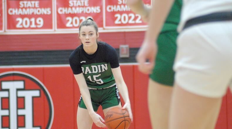 Badin's Gracie Cosgrove eyes the floor against Wilmington on Monday. Chris Vogt/CONTRIBUTED