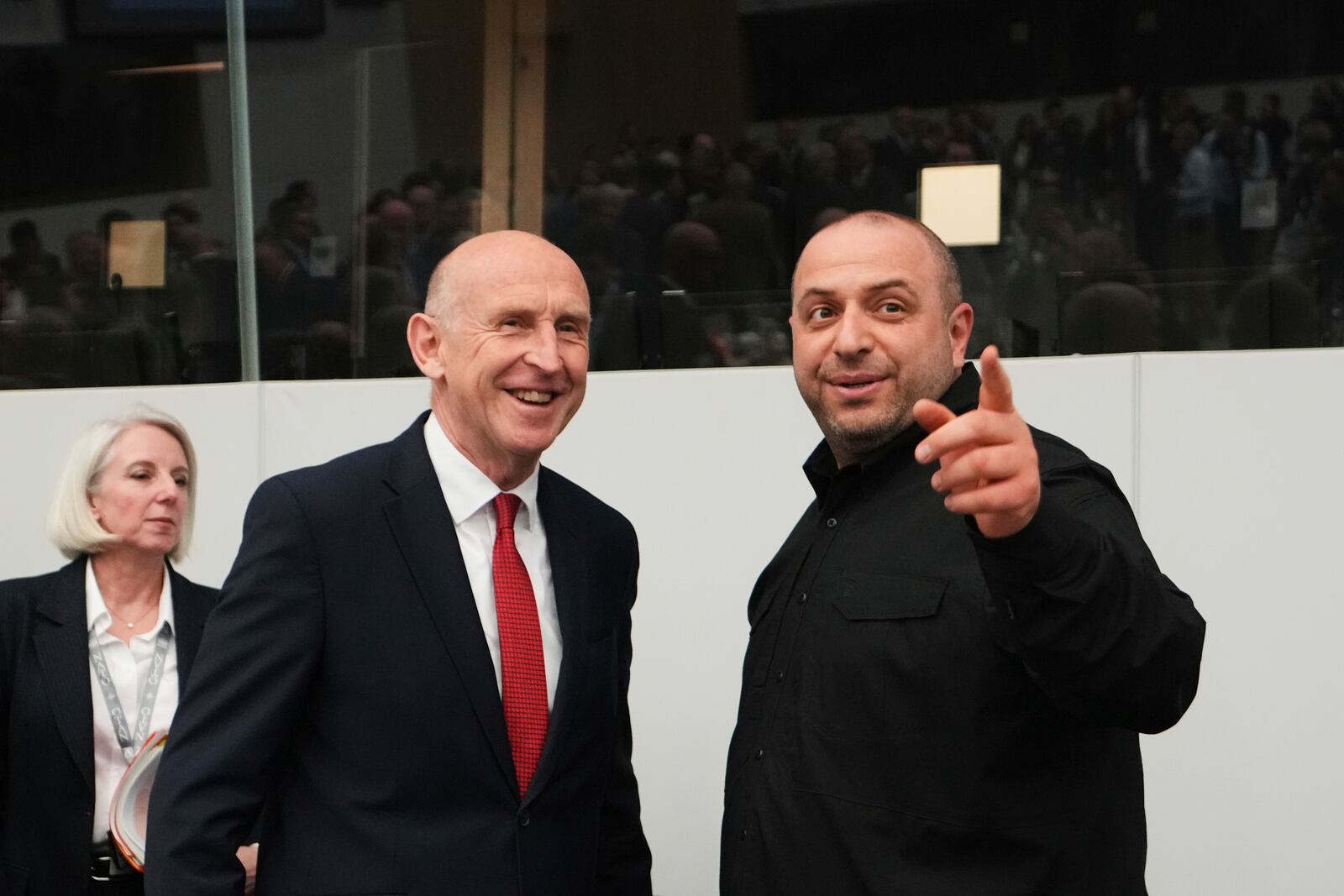 Ukraine's Defense Minister Rustem Umerov, right, speaks with Britain's Defense Secretary John Healey during a meeting of the Ukraine Defense Contact Group at the NATO headquarters in Brussels, Wednesday, June 4, 2025. (AP Photo/Virginia Mayo)