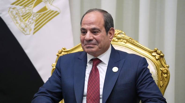 FILE - Egypt's President Abdel-Fattah el-Sissi meets with President Donald Trump during a summit to support ending the more than two-year Israel-Hamas war in Gaza after a breakthrough ceasefire deal, Monday, Oct. 13, 2025, in Sharm El Sheikh, Egypt. (AP Photo/Evan Vucci, File)