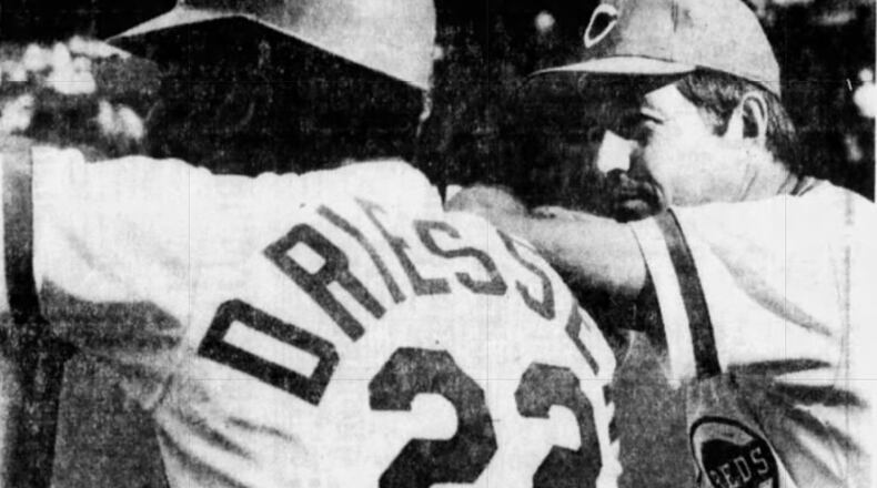 Manager Russ Nixon, right, and Dan Driessen, of the Reds, in 1982. Dayton Daily News photo