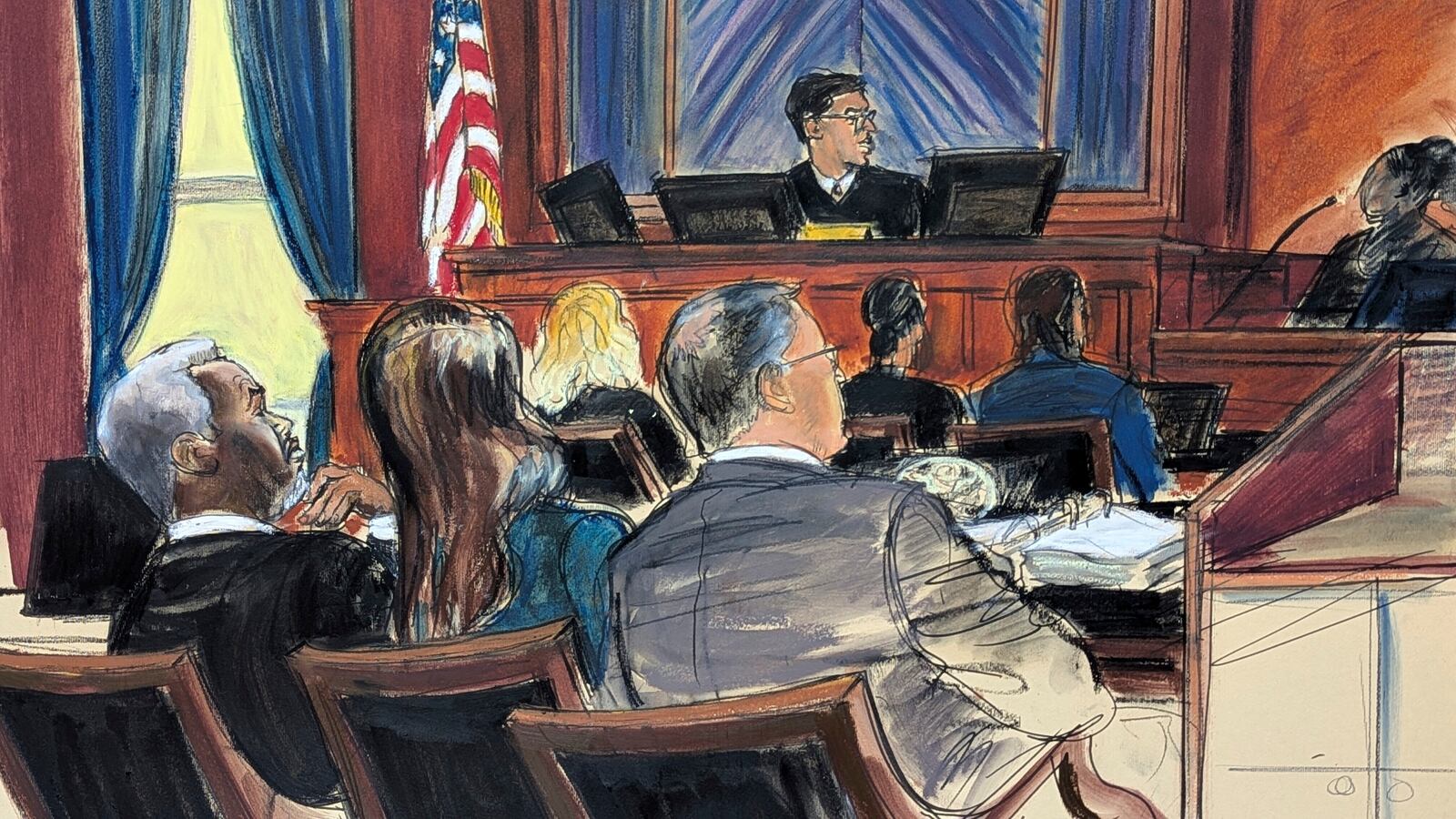 Sean 'Diddy' Combs, far left, looks on from the defense table with his attorneys, as a prospective juror, far right, answers questions posed by Judge Arun Subramanian, center, at Manhattan federal court, Monday, May 5, 2025, in New York. (Elizabeth Williams via AP)