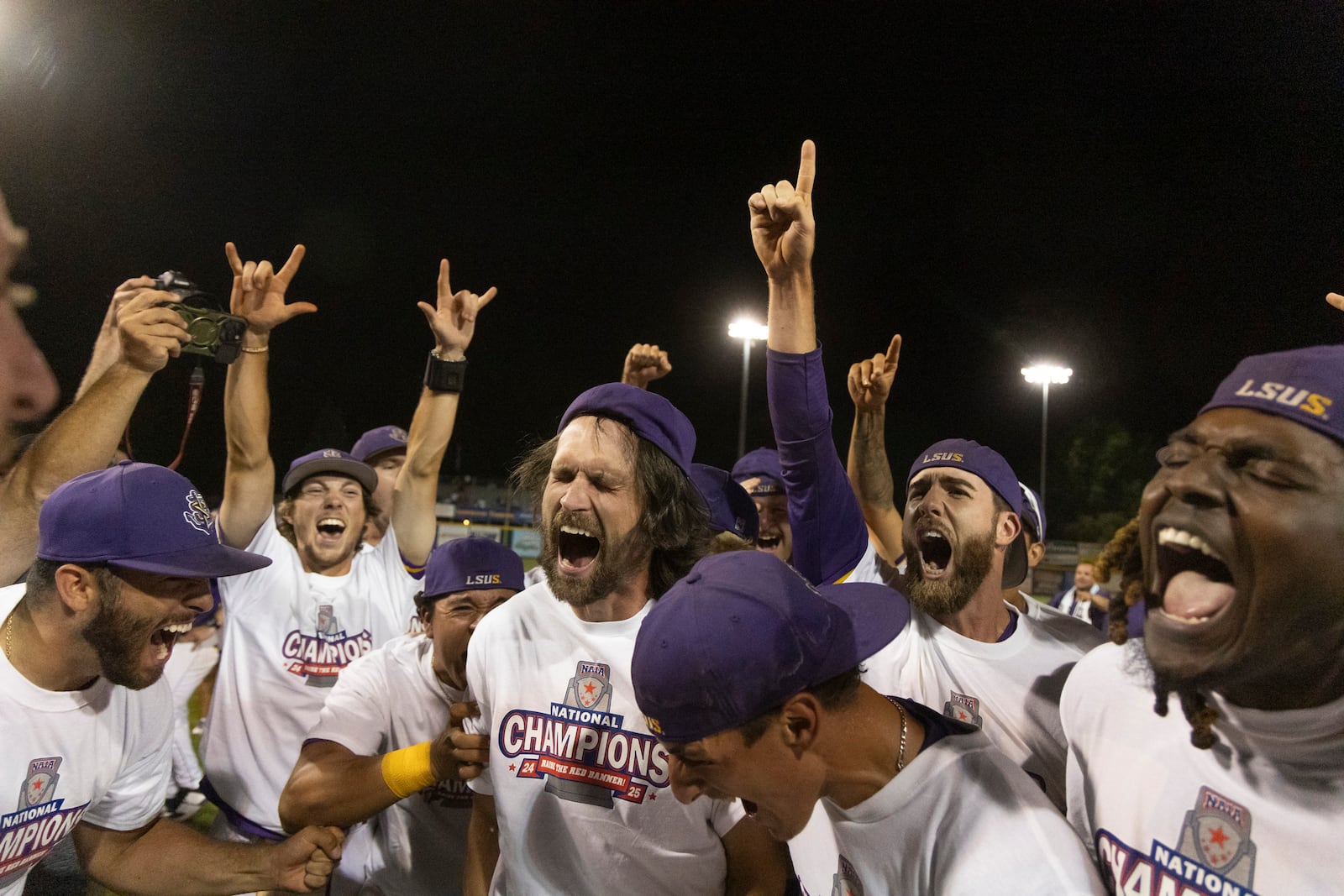 LSU Shreveport celebrates after defeating Southeastern of Florida to win the championship game of the NAIA World Series college baseball game, Friday, May 30 2025, at Harris Field in Lewiston, Idaho. (Arthur H. Trickett-Wile/Lewiston Tribune via AP)