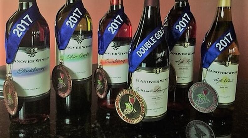 Recognized in International competitions, Hanover Winery produces many Double Gold and Gold Medal award-winning wines. Pictured are wines from the 2017 Finger Lakes International Wine Competition. (Hanover Winery was also awarded a Silver Medal for their Tempranillo wine in the 2017 Indy International Competition. CONTRIBUTED