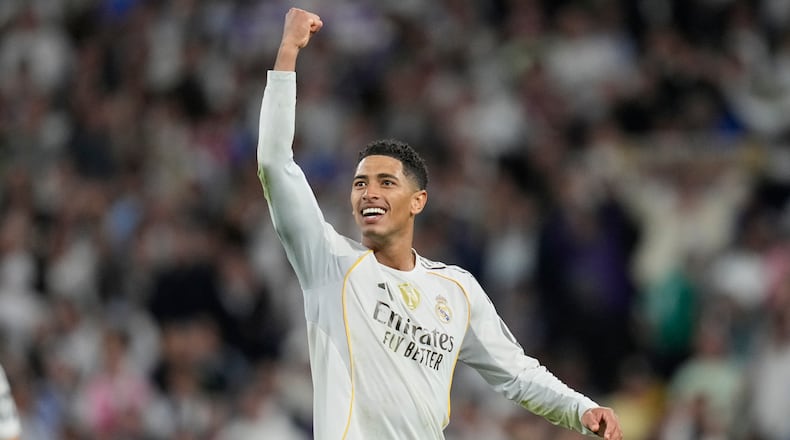 Real Madrid's Jude Bellingham reacts after a La Liga soccer match between Real Madrid and Barcelona in Madrid, Spain, Sunday, Oct. 26, 2025. (AP Photo/Bernat Armangue)