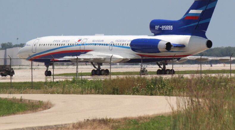A Russian Tu-154 jet surveillance landed at Wright-Patterson Air Force Base in undated file photo to fly observation missions over the United States. The unarmed observation missions are permitted under the Open Skies Treaty which allows the United States and Russia to fly surveillance flights over each other’s territory to monitor compliance with arms control agreements, CHUCK HAMLIN / STAFF FILE PHOTO
