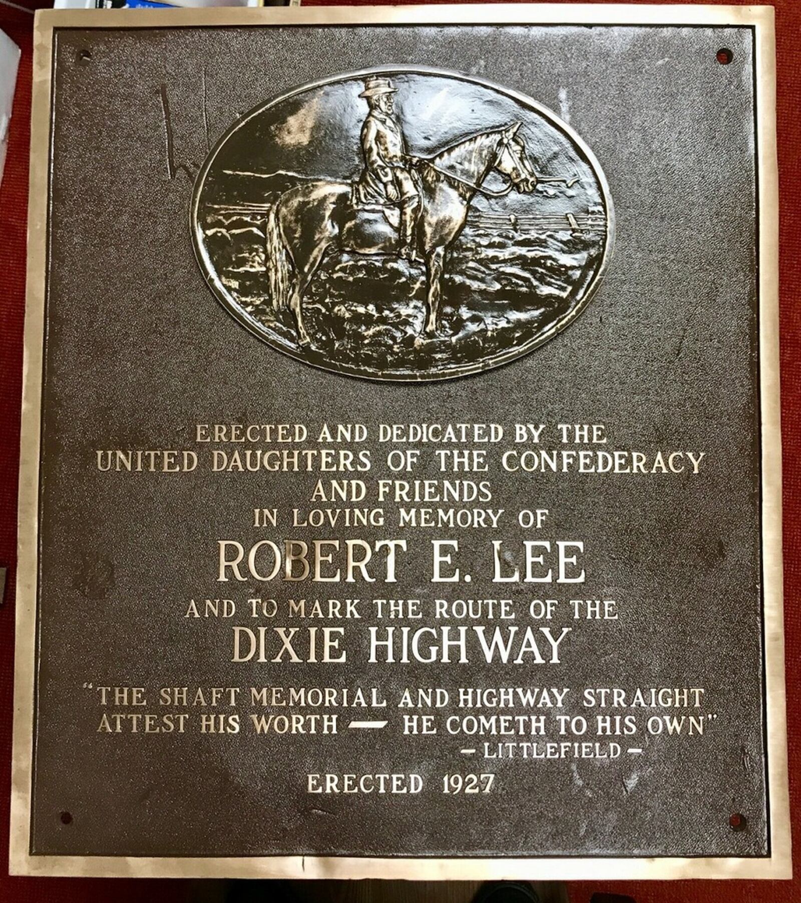 It may be a few months before this marker honoring Confederate Gen. Robert E. Lee and the Dixie Highway will go on public display again. An agreement is being developed between the United Daughters of the Confederacy and the Franklin Fraternal Order of Eagles lodge. CONTRIBUTED/CITY OF FRANKLIN