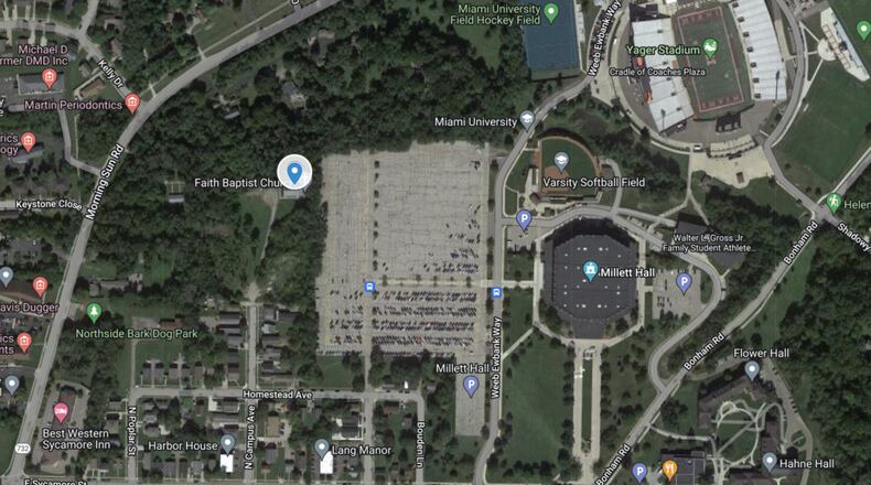 The large blue pin on this map near Faith Baptist Church shows the proposed location of the 92-room Fairfield Hotel by Marriott. CONTRIBUTED/GOOGLE MYMAPS/DEVIN ANKENEY