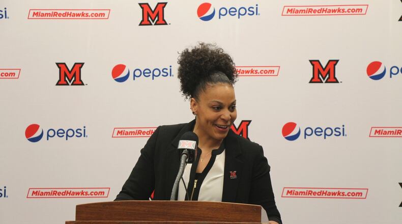 DeUnna Hendrix was introduced Wednesday as the new women’s basketball coach at Miami Univeristy. Greg Billing/CONTRIBUTED