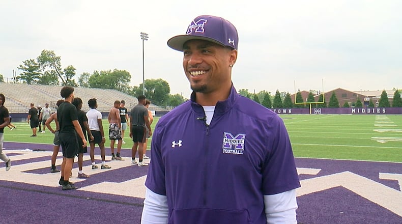 Former Middletown High School quarterback Jalin Marshall, a 2013 graduate, returned his alma mater to coach the wide receivers. Marshall's pro career included the New York Jets and the Canadian Football League. Phillip Lee/WCPO