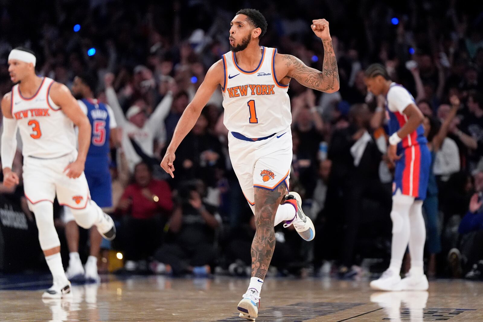 New York Knicks guard Cameron Payne reacts during the second half of Game 1 in an NBA basketball first-round playoff series against the Detroit Pistons, Saturday, April 19, 2025, in New York. (AP Photo/Julia Demaree Nikhinson)