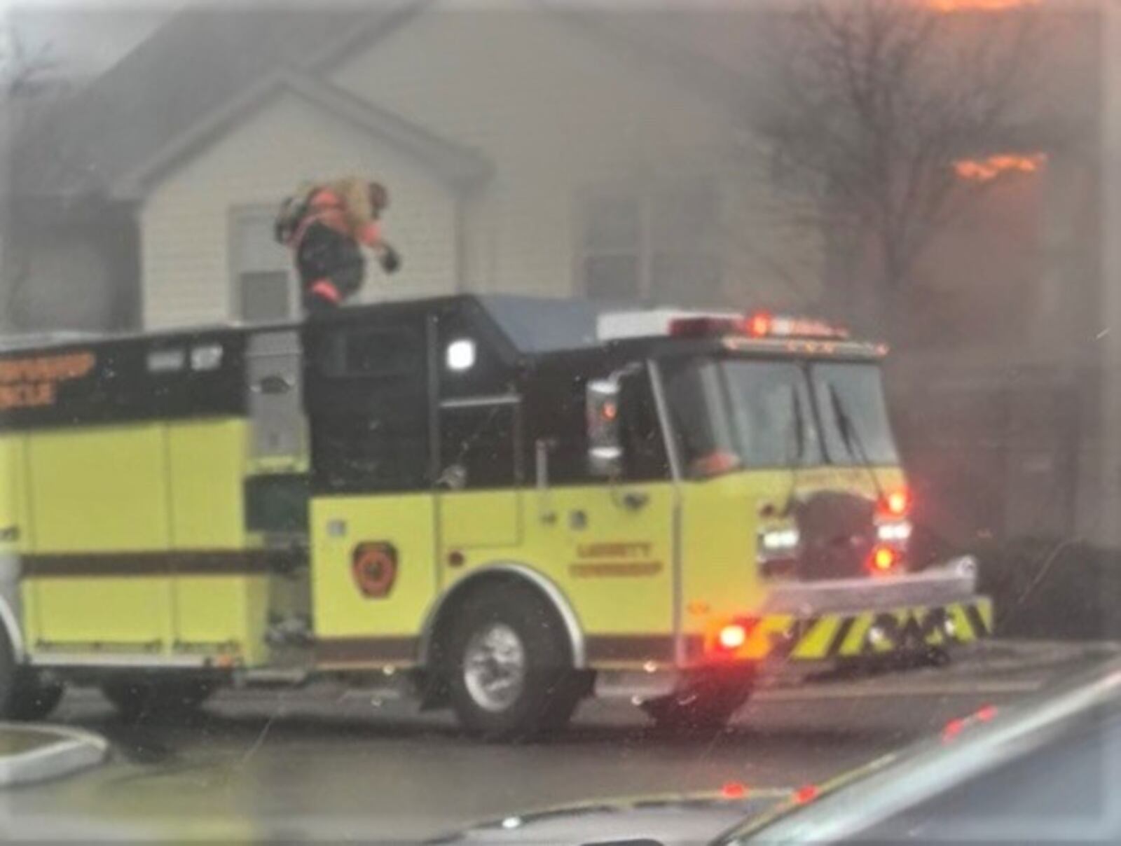 A three-alarm fire destroyed two Liberty Twp. apartments and forced families in six others to abandon their homes Sunday afternoon but no one was injured, say fire officials. The fire, which was reported at approximately 4:30 p.m. Sunday at the Four Bridges Complex in the 8300 block of Cypress Lane, left two apartment units gutted. (Provided Photo\Journal-News)