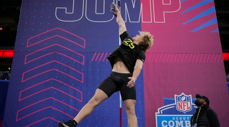 UCLA linebacker Carson Schwesinger participates in vertical jump at the NFL football scouting combine in Indianapolis, Thursday, Feb. 27, 2025. (AP Photo/George Walker IV)