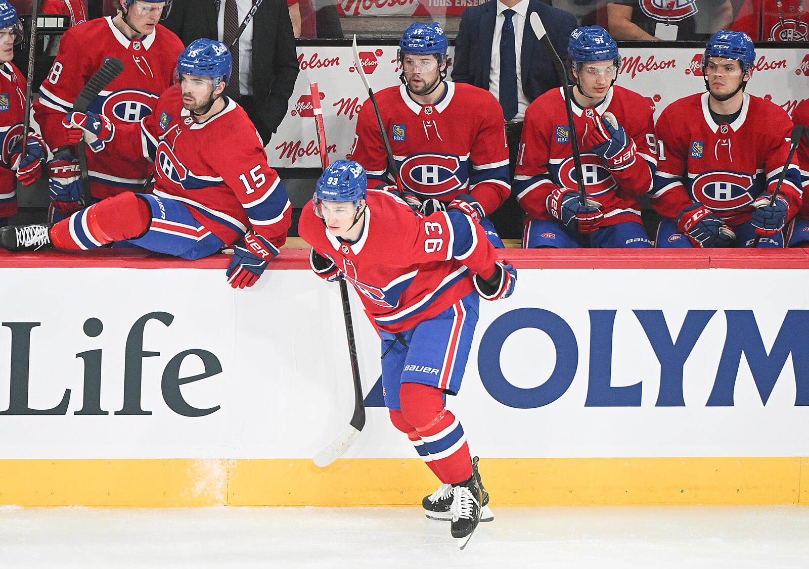 Montreal Canadiens' Ivan Demidov (93) comes off the bench during first-period NHL hockey game action against the Chicago Blackhawks in Montreal, Monday, April 14, 2025. (Graham Hughes/The Canadian Press via AP)