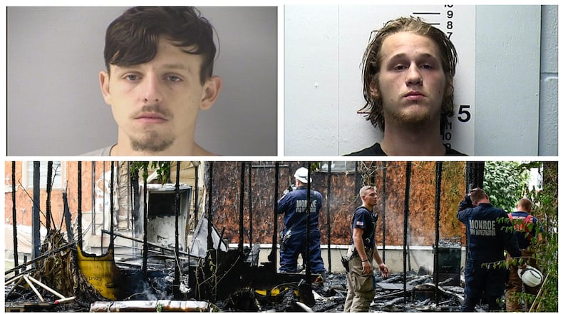 James Thompson (top left) and Wesley Hudgel (top right) have been indicted by a Butler County grand jury in connection with a fire that destroyed a garage and damaged three houses in Middletown.