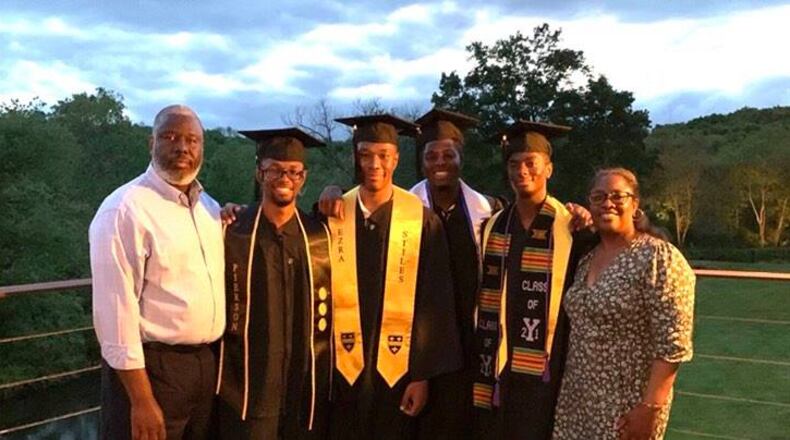 The internationally famous Wade quadruplets -Nick, Aaron, Nigel and Zachary - of Liberty Township are again making headlines as three graduated from Yale University recently and the fourth will do so in the fall. The four high-achievers from Lakota East High School - shown here after Yale's commencement
bookended by father Darrin on left and mother Kim on right were spotlighted by national media in 2017 and again are being featured by national magazines and TV shows. From left to right are Nigel, Zachary, Nick and Aaron. (Provided Photo\Journal-News)
