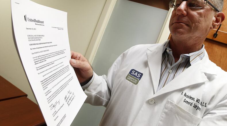 Dr. Rick Nedelman, a doctor at the SAS Surgery and Vein Specialists in Springfield, looks over a letter he received from UnitedHealthcare insurance letting him know that he is one of many local doctors being dropped from the company’s Medicare coverage group. Bill Lackey/Staff