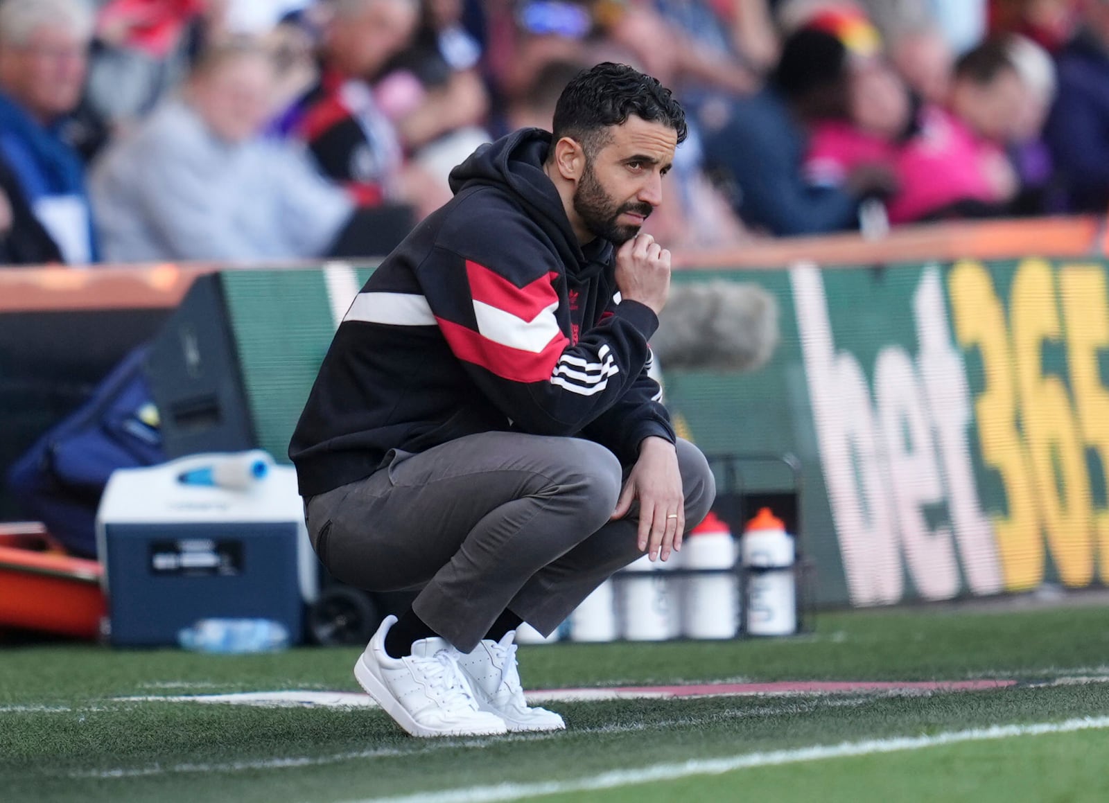 Manchester United manager Ruben Amorim reacts during the English Premier League match at Vitality Stadium, Bournemouth, England, Sunday, April 27, 2025. (Adam Davy/PA via AP)