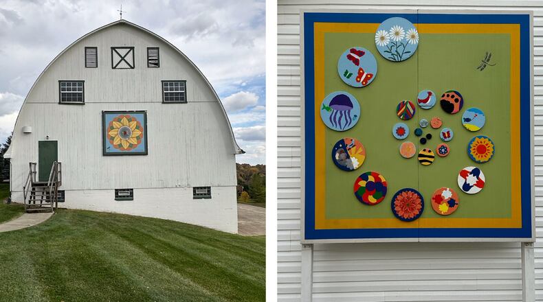 The Fleckenstein Flower quilt barn, left, is located at Fleckenstein Park in Deerfield Twp. At the right is The Circle Game at Cottell Park. CONTRIBUTED
