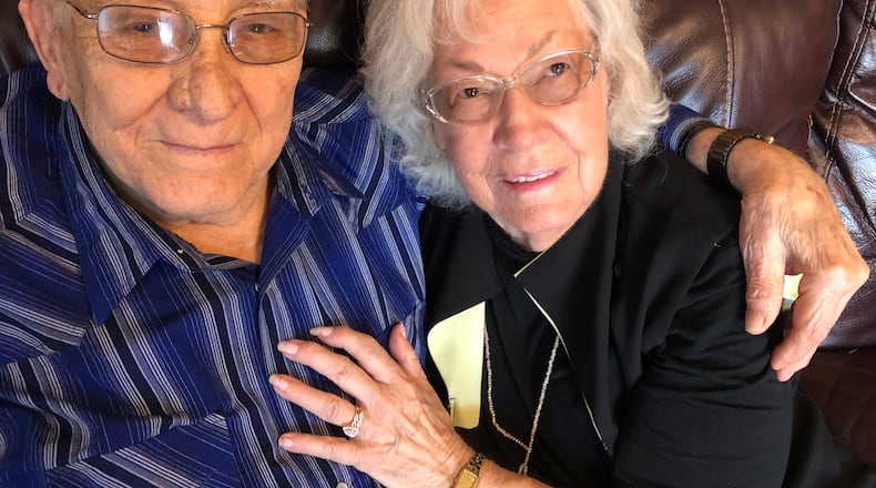 Harry Ward, 90, and Jeanette Bowman Ward, 89, married Monday morning at Harmon Park in Lebanon. Pastor John Ward, Harry's son, performed the ceremony. RICK McCRABB/STAFF