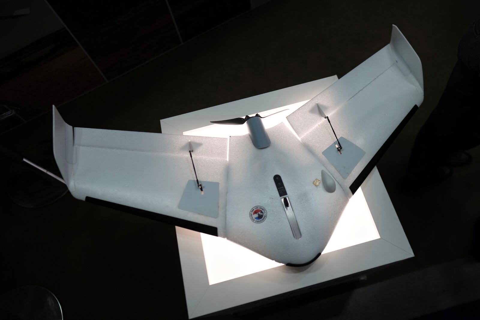 A drone named Oskar by French manufacturer Delair is displayed at the Paris Air Show Tuesday, June 17, 2025 in Le Bourget, north of Paris. (AP Photo/Thibault Camus)