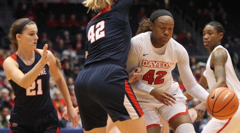 Duquesne guard and Alter High School graduate Libby Bazelak (21) trails teammate Kadri-Ann Lass as she guards Dayton’s Jayla Scaife during a Jan. 31 game at the University of Dayton Arena. The host Flyers won 79-70. DAVID JABLONSKI/STAFF