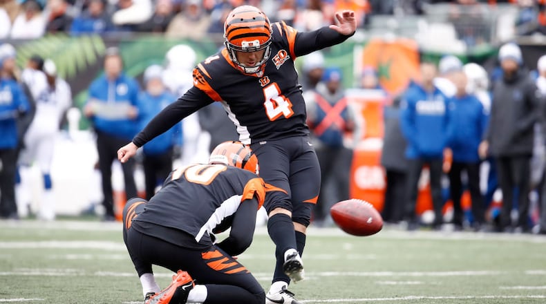 CINCINNATI, OH - OCTOBER 29: Randy Bullock #4 of the Cincinnati Bengals kicks a field goal against the Indianapolis Colts at Paul Brown Stadium on October 29, 2017 in Cincinnati, Ohio. (Photo by Andy Lyons/Getty Images)