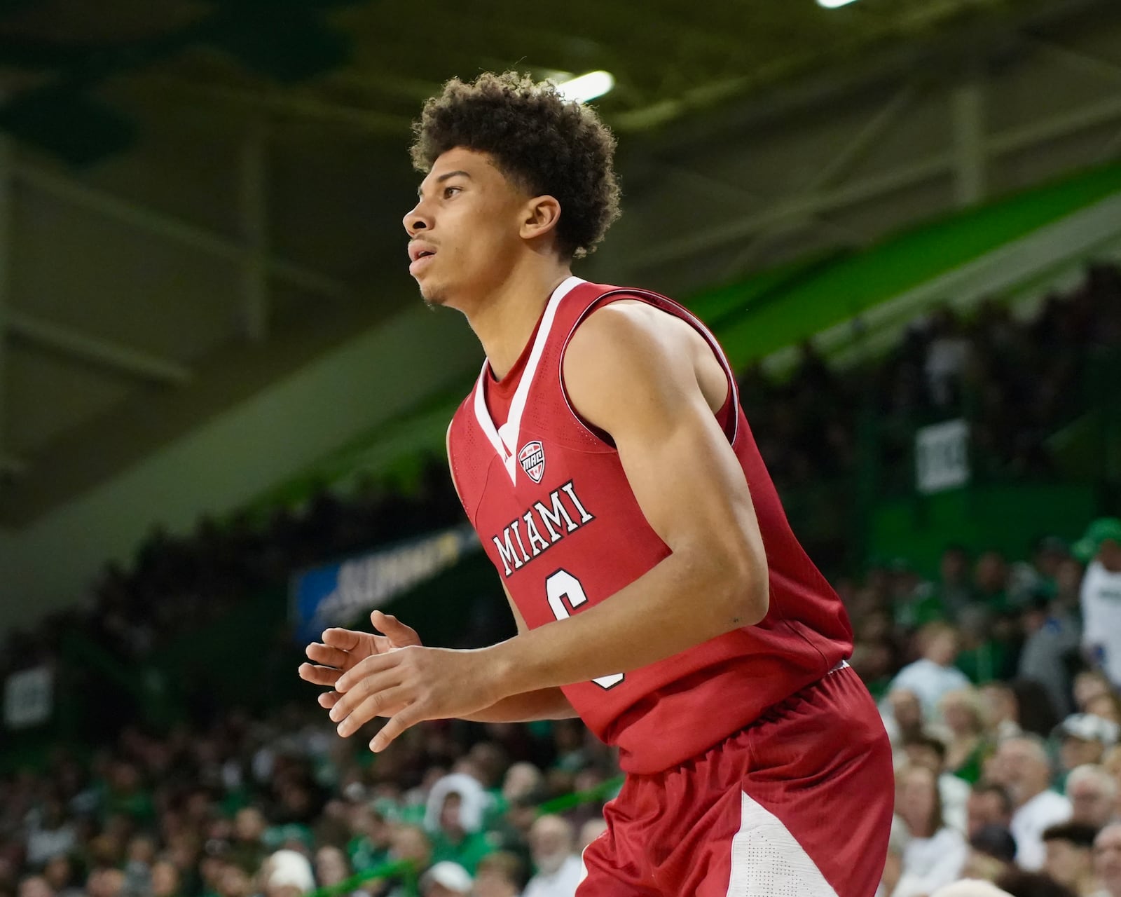 Miami’s Justin Kirby awaits a pass during his game against Marshall on Saturday, Feb. 7, 2026 at the Cam Henderson Center in Huntington, W. Va. NOAH MAURER / NM CREATIVE