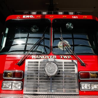A fire truck sits inside the Hanover Twp. Fire Station at 1775 Morman Road. The township is putting before voters a 5-mill fire/EMS levy for fire and emergency services on the May 5 ballot to replace a levy set to expire at the end of the year. NICK GRAHAM/STAFF