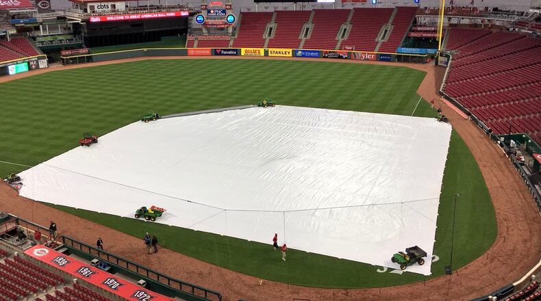 A tarp covers the field at Great American Ball Park on Tuesday, April 3, 2018, in Cincinnati.