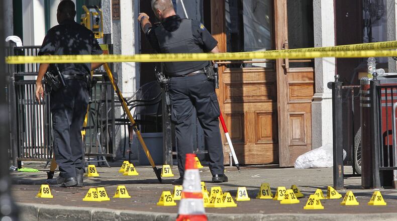 Scene in the Oregon District where 10 people were killed, including the shooter, in a mass shooting that also injured more than two dozen others. The shooting took place in the 400 block of East Fifth Street at 1:07 A.M. TY GREENLEES / STAFF